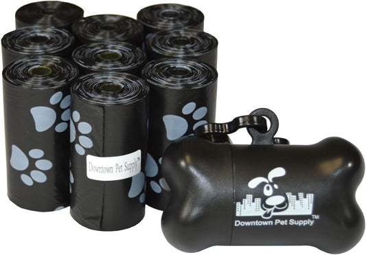 Poop Bags for Dogs with Dispenser, 180 Count - Leak-Proof Dog Waste Bags and Bone-Shaped Dog Poop Bags Holder for Leash - Black with Paw Prints, 12.5" X 8.5"
